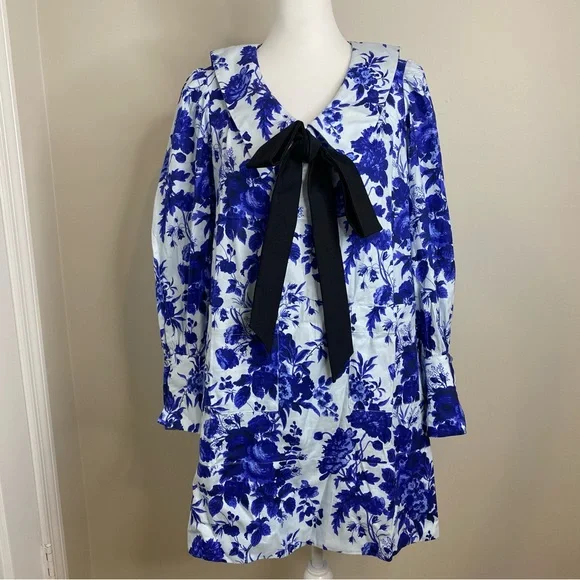 Tuckernuck Blue and White Floral Long-Sleeve Mini Dress with Black Bow - Picture 6 of 16